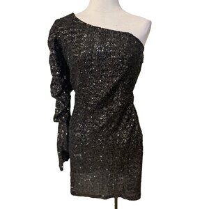 Spring + Mercer Dress L Black Sequin One Long Sleeve Party Wedding Cruise NEW